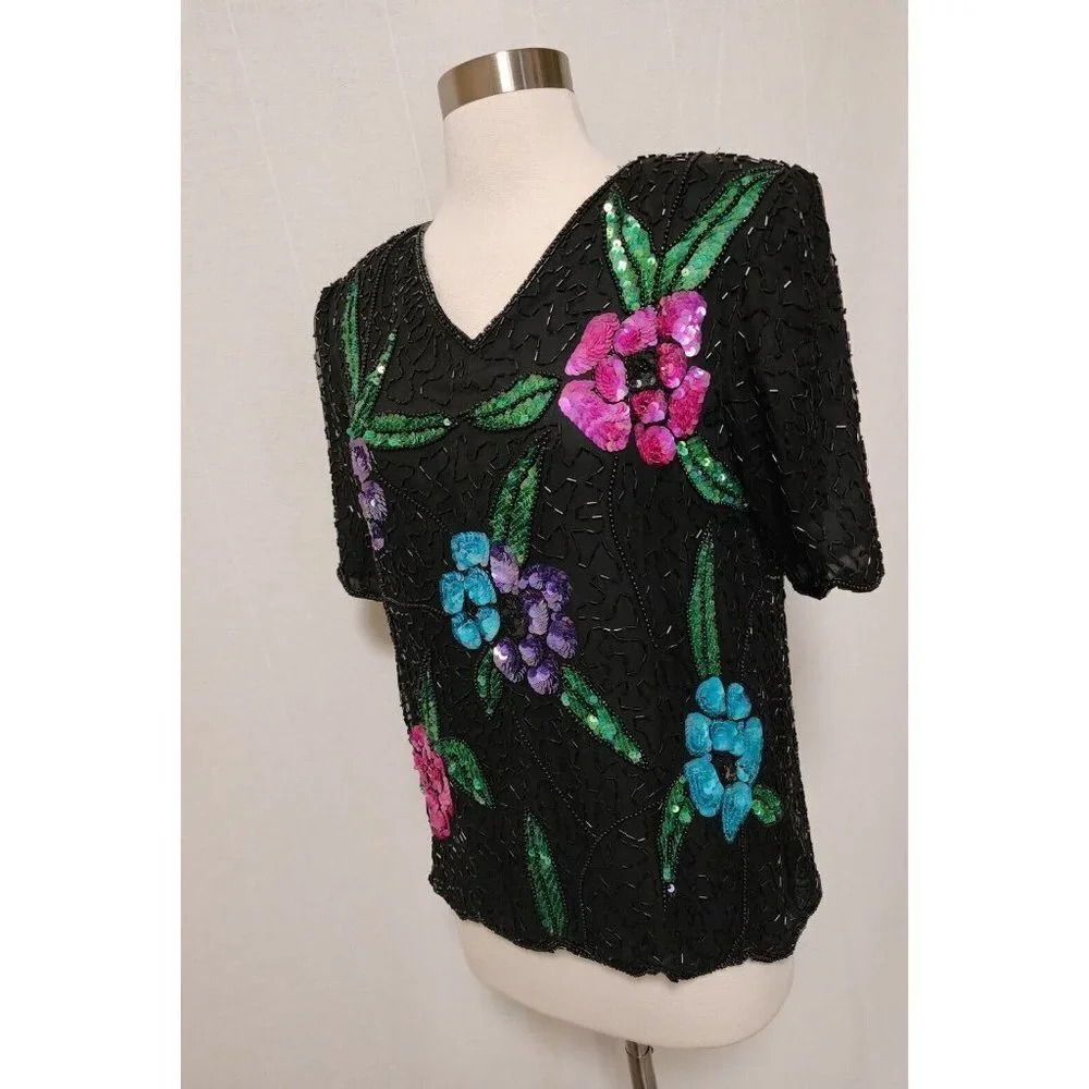 Womens 90s Vintage Stenay Fully Sequin Beaded‎ Blouse Size Small Flowers Black - Picture 8 of 8